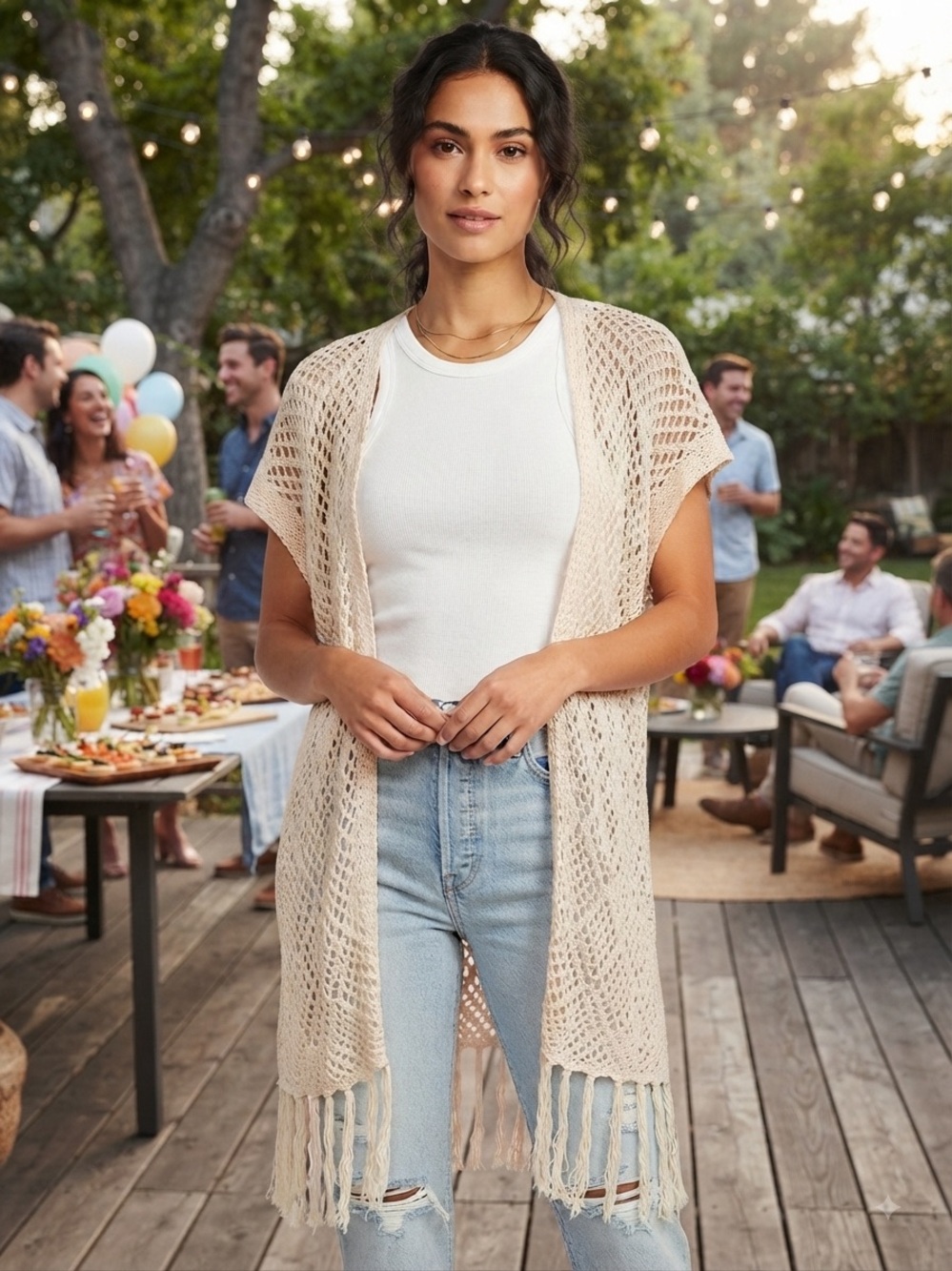 Altar'd State Beige Crochet Fringe Kimono Cover-Up